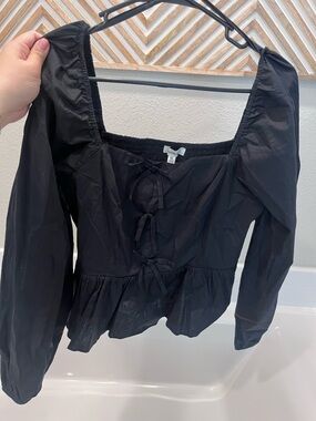 Cesca Black Long-Sleeve Peplum Tie-Front Blouse